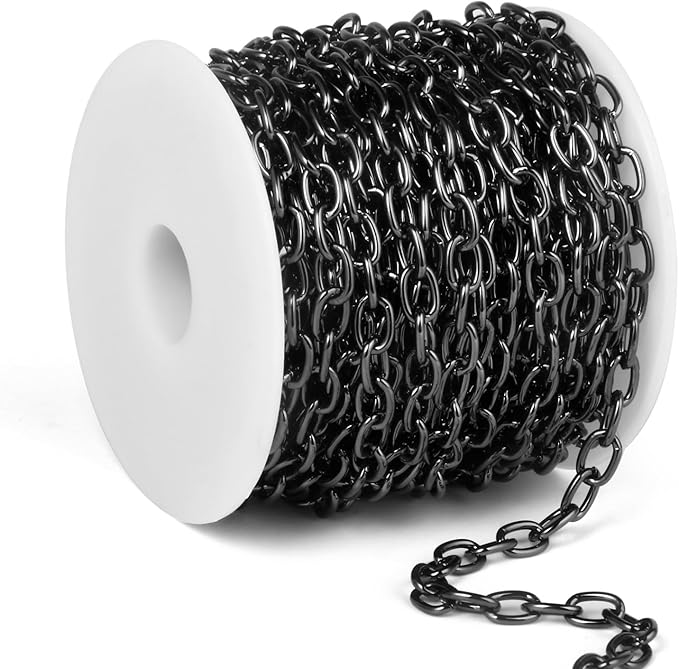 33 Feet Black Rolo Cable Chains Roll, 5 MM Black Plated Aluminium Oval Cable O Links Chain Bulk Spool for Jewelry Making DIY Craft