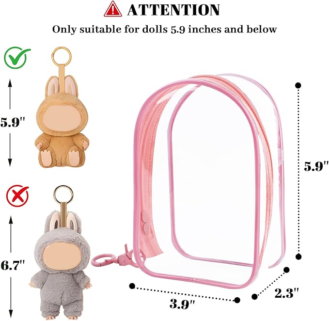 Protective Case for Plush Doll, Clear Hanging Display Cases, Crossbody Doll Storage Bag, PVC Storage Case Cover for Figures, Dolls (Pink)