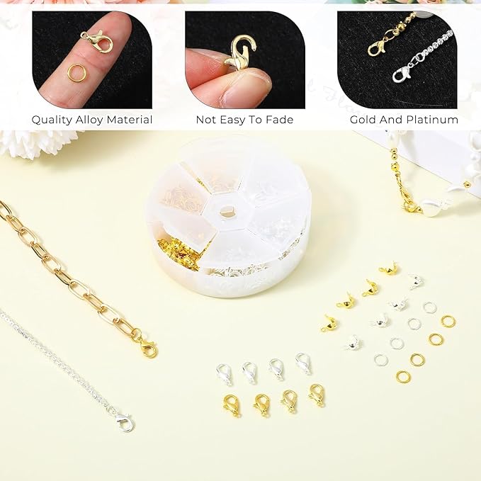 460 Pcs Bracelet Clasps and Closures Lobster Claw Clasps for Keychains Bead Tips Knot Covers Guage Open Jump Ring Brooch Necklace Bracelet DIY Set for Jewelry Making Supplies Bracelets (Gold, Silver)