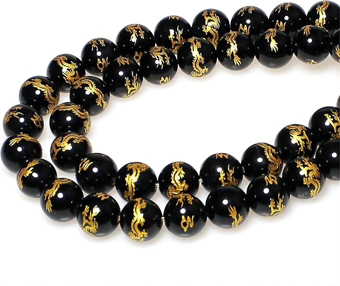 MJDCB Natural Stone Beads 12mm 30pcs Round Black Onyx Carved Dragon Loose Gemstone Bead Charms for Jewelry Making Bracelet Necklace Earring Pendant