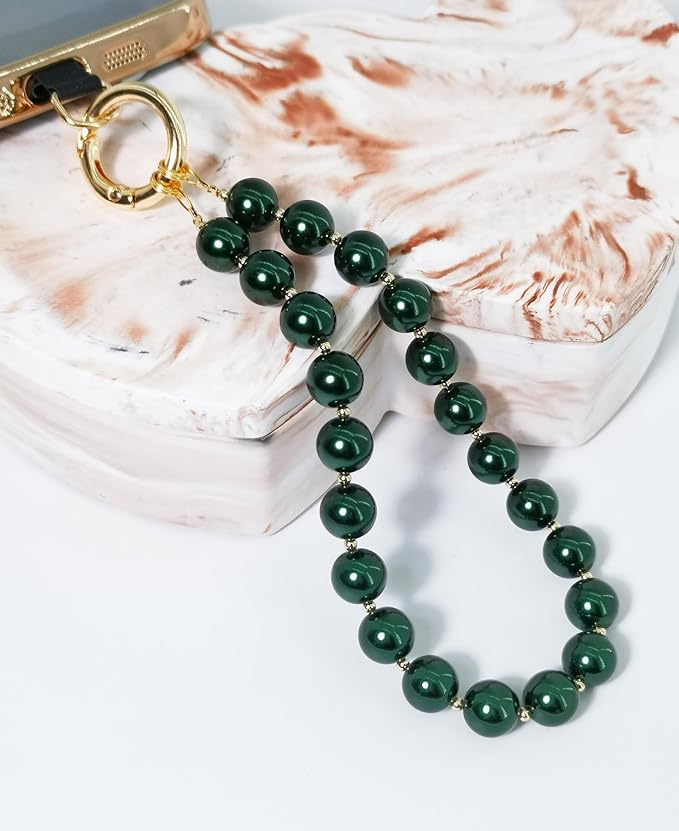 Beaded Phone Wrist Strap Phone Lanyard Pearl Beaded Hand Strap Wristlet Detachable Smartphone Wrist Lanyard (Dark Green)