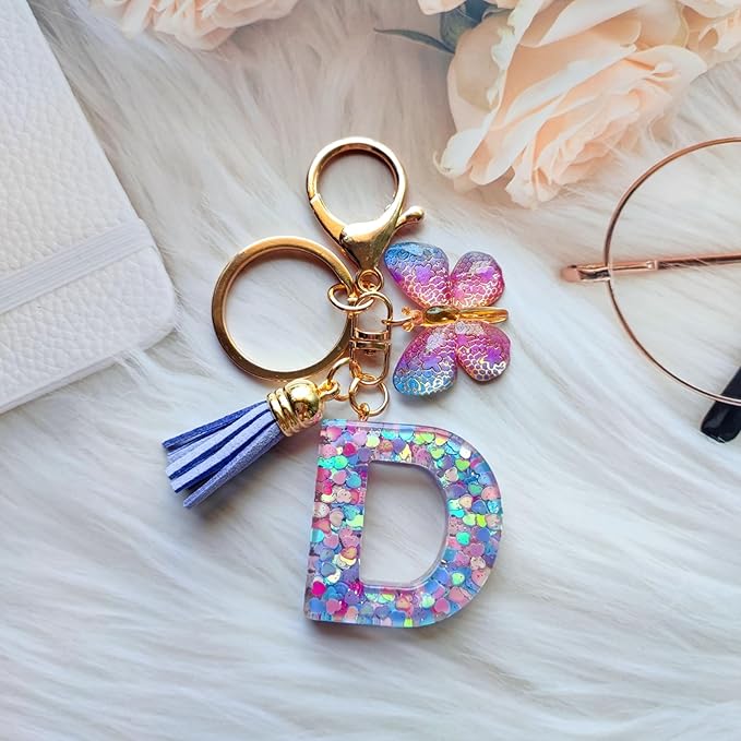Cute Initial Letter Keychains for Women Girls Tassel Butterfly Pink Purple Green Keychain for Backpack School Bag