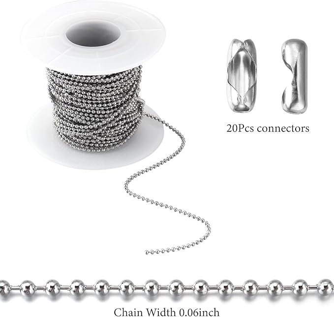 Topacket 33Feet Ball Bead Chain Stainless Steel Dog Tag Chain with Matching Connectors for Jewelry Making Necklace Hanging Bracelets Keychain(1.5mm)