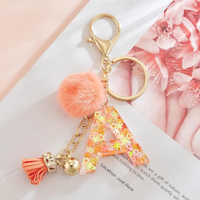 Resin Alphabet Initial Letter Keychain Keyring for Women Purse Handbags With Fur Ball Pom