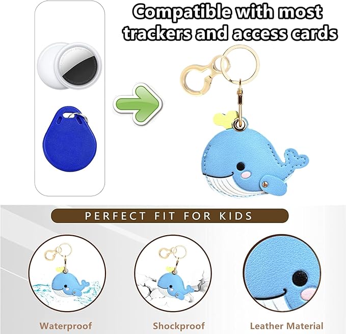Leather Keychain Holder Case Compatible with AirTag,Cute Protective Cover with Keyring,Anti-Scratch Finder GPS Tracker Case for Wallet Keys,Bag,Pets(Whale Blue)