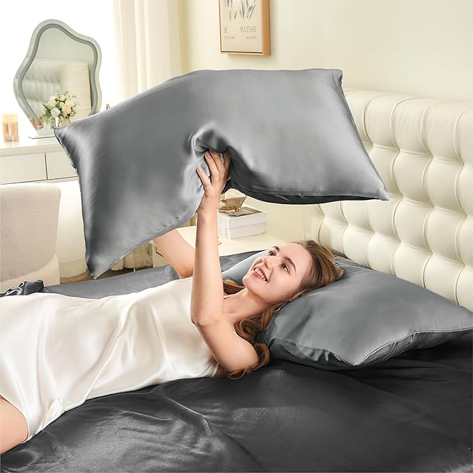 INFIIXSO Silk Pillow Cases Queen Size Set of 2-20x30Inches Silk Pillowcases with Hidden Zipper, Ultra Smooth and Soft Cooling Pillow Cases for Hot Sleepers (Dark Grey 20x30 Inches, 2 Pack)