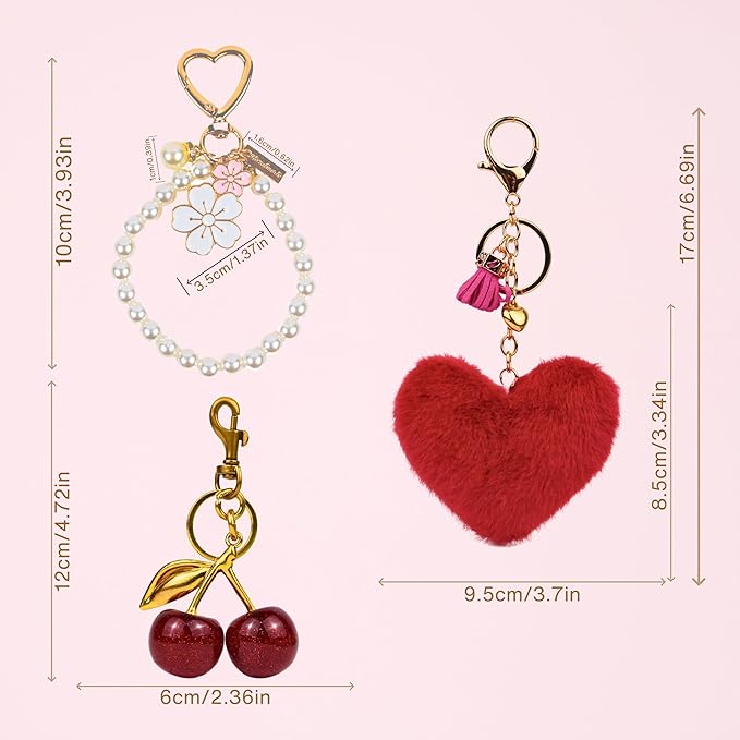 3Pcs Cherry Bag Charm Keychain Set 2025 – Faux Pearl Heart Puffball Pom Pom Purse Accessories Gift for Women Girls