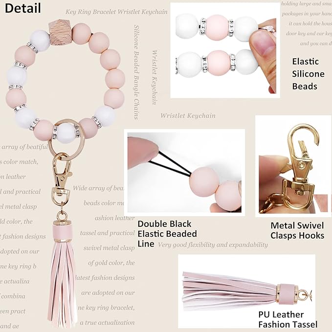 BIHRTC Key Ring Bracelet Car Keychain Holder Wristlet Silicone Women Beaded Bangle Chains
