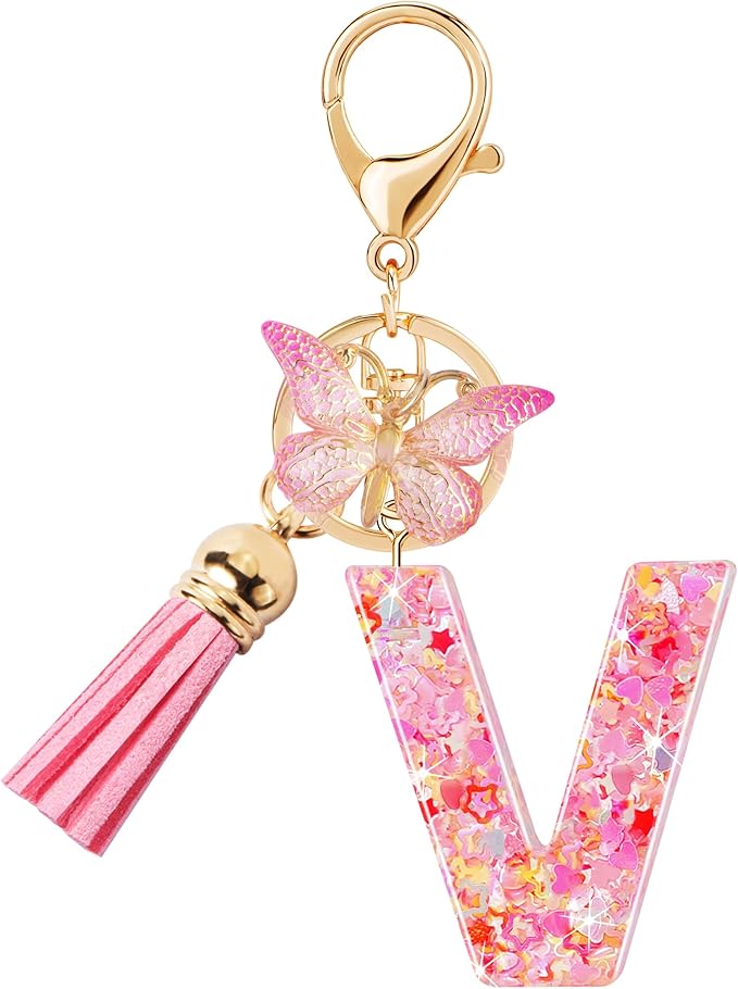 Initial letter Keychains for Women Girls Tassel Butterfly Cute Keychain for Wallet Backpack charm