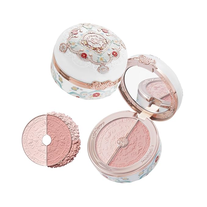 Flower Knows Butterfly Cloud Collar Rouge Box Highlighting & Blush Duo Powder,Peach+Pink Two Tone Matte Blush for Cheeks Bulidable & Blendable Palette for Women & Girls,0.21 Oz(01 Rouge Snow)