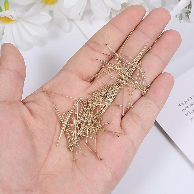 100 Pcs Gold Plated Ball Head Pins 25mm Brass Wire Needle 22 Gauge Stainless Steel End Headpins Jewelry Making Pins for DIY Charm Braceles Earrings Necklaces