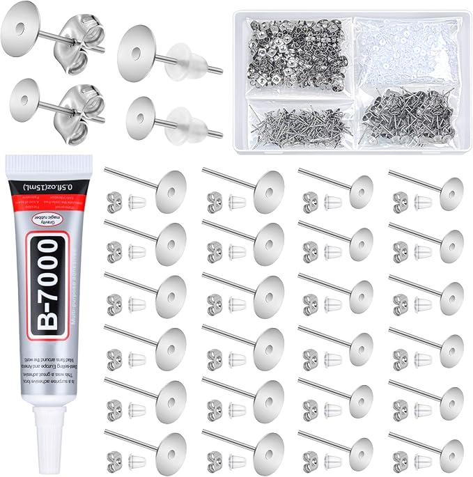 Evatage Multipurpose Adhesive Jewelry Glue with 1002Pcs Stainless Steel Earring Posts and Backs, Silver Stud Posts with Butterfly and Rubber Bullet Earring Backs for Jewelry Making Supplies Kit