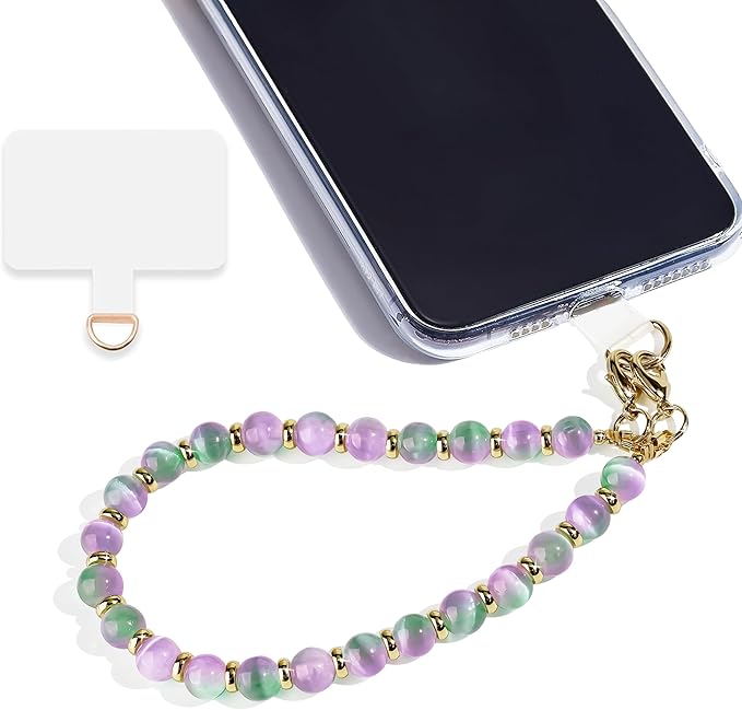 Marble Beaded Phone Wrist Strap,Detachable Phone Bracelet Strap with Tether Tab,Hands-Free Wristlet Strap (Purple Green Cat's Eye)