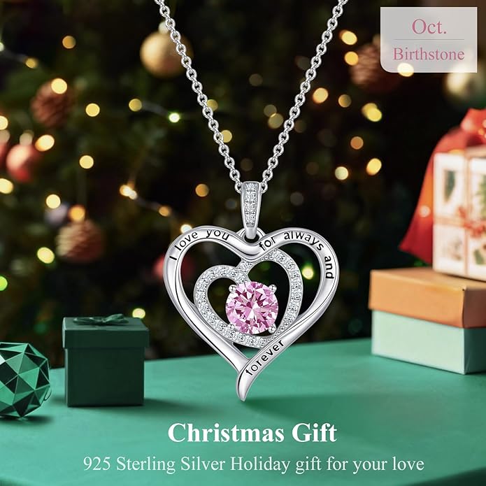 S925 Sterling Silver Necklace for Women, Valentines Day Gifts for Her, Love Heart Birthstone Necklaces for Women, Wife Jewelry, Mom Birthday Valentines Mothers Day Gifts, Girlfriend Necklaces, Daughter Heart Jewel, Anniversary for Her