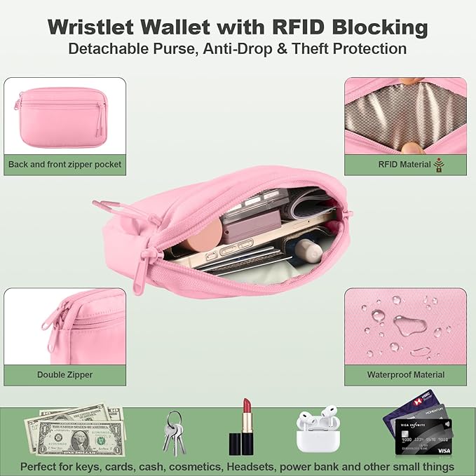 Clip and Go Strap for Phone with Wallet Crossbody, Adjustable Phone Lanyard with Detachable RFID Wristlet Wallet, Pattern Strap, Pink(M)