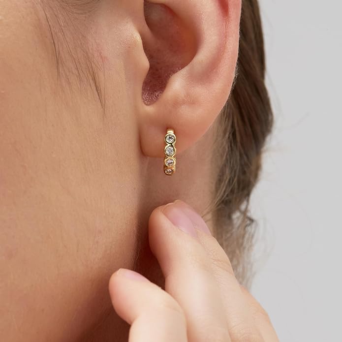 FRUMOS 925 Sterling Silver Huggie Earrings for Women 18K Gold Plated Hoop Earrings for Women Hypoallergenic Small Cubic Zirconia Huggie Earring