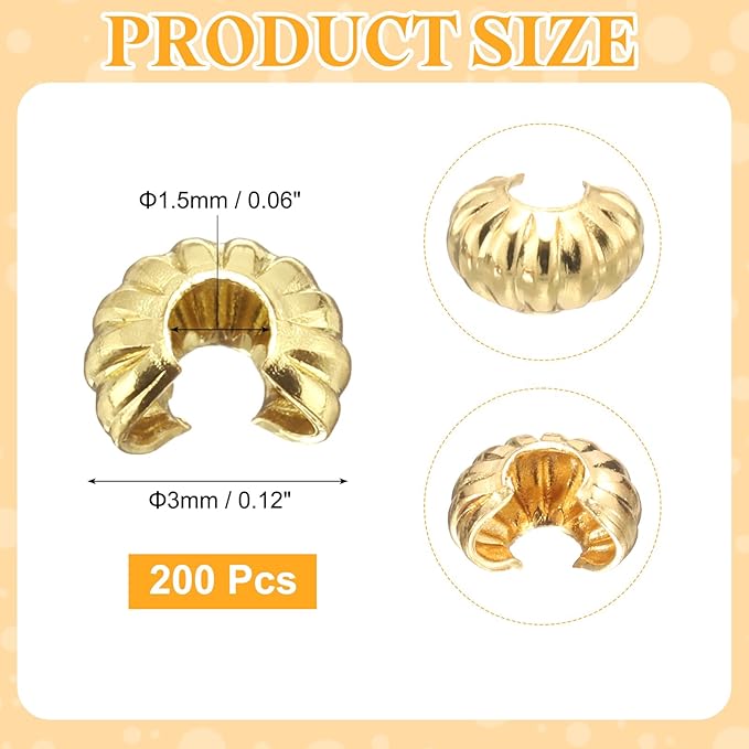 uxcell 200 Pcs Crimp Bead Covers, 3mm/0.12" Half Round Open Crimp Beads Knot Cover, Small Loose Beads End Tip Caps for Bracelet Jewelry Making Craft DIY, Light Gold