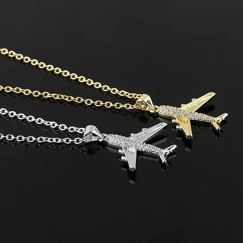 JOR Aeroplane Charm with CZ Pendant Necklace, Travel Lover Charm, Men & Women Unisex Jewelry, Dainty Gold & Silver Plated Combo Chain 18 inch (Pack of 2)