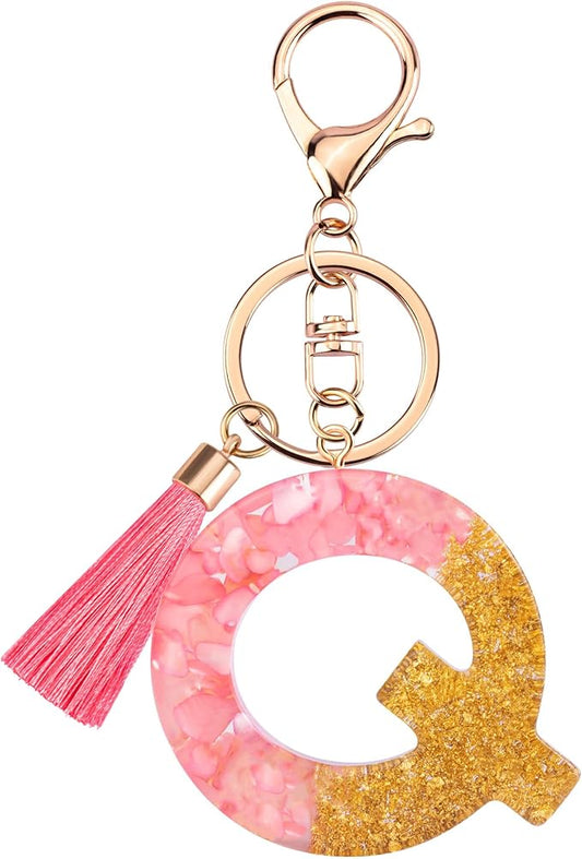 Suweibuke Cute Pink Key Chains for Women Girls, Initial Letter Keychains with Tassel, Charms for Key Purse Handbags Backpacks