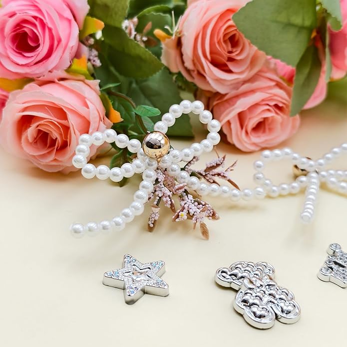 24Pcs Bling Pearl Bow Shoe Charms for Clog Sandals Women, Bear, Flower, Pearl Accessories, DIY Shoe Decoration Charms for Girls