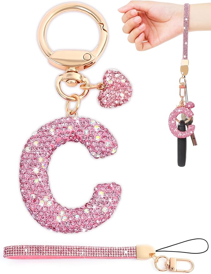 Initial Keychain for Women Girls,Bling Letter Key chain Initial with Heart,Pink Keychain Charms for Backpack Handbag