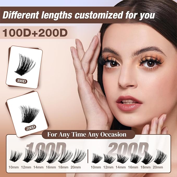 AILAISHI Lash Clusters Kit, DIY Cluster Eyelash Extensions 10‑20mm, 100D+200D, 156pcs Fluffy D Curl Natural Lashes with Bond & Seal,Remover,Tweezers – Fake Cat Eye Individual Clusters