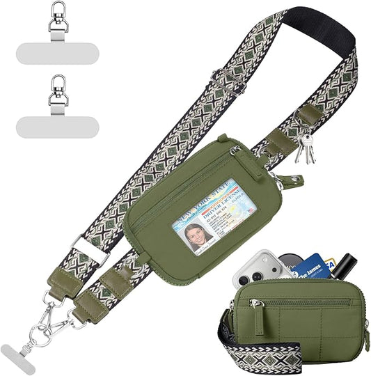 Clip and Go Strap for Phone with Wallet Crossbody Phone Lanyard with Anti-Theft Zipper Pouch Detachable Quilted Wrist Wallet with RFID and ID Window for Daily and Travel Green Large