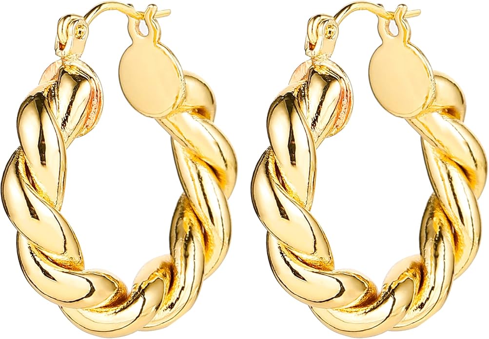 HILXURY Gold Chunky Hoop Earrings Set for Women, 14K Gold Plated Twisted Huggie Hoop Earring Hypoallergenic, Thick Open Hoops Set Lightweight
