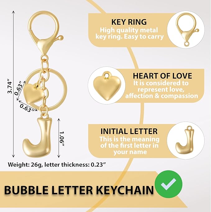 Heart Bubble Letter Keychain for Women, Girls - Cute Keychain with Initial - Alphabet Keychain for Bag Charm, Handbag
