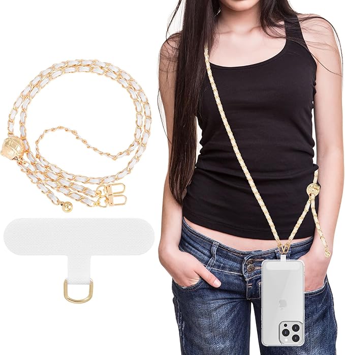 MoKo Universal Phone Lanyard, Adjustable Metal Cell Phone Chain Crossbody Strap Anti-Theft Detachable Women Cellphone Lanyards Around the Neck with Patches for iPhone, Most Smartphones, White