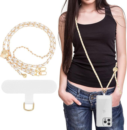 MoKo Universal Phone Lanyard, Adjustable Metal Cell Phone Chain Crossbody Strap Anti-Theft Detachable Women Cellphone Lanyards Around the Neck with Patches for iPhone, Most Smartphones, White