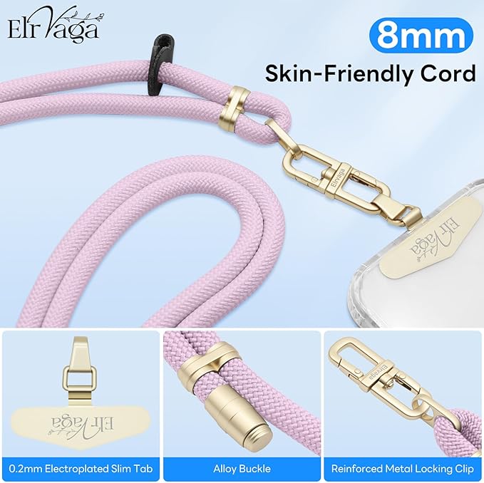 Adjustable Anti-Theft Phone Lanyard Neck & Crossbody Strap with 0.2mm Metal Tab & Comfort-Fit 8mm Rope (Light Purple)