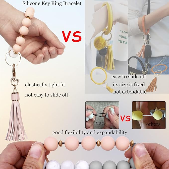 BIHRTC Key Ring Bracelet Car Keychain Holder Wristlet Silicone Women Beaded Bangle Chains