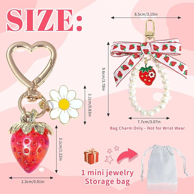 2Pcs Strawberry Keychain Charm Cute Bag Charms Flower Daisy Pearl Bow Keychain Strawberry gift for Women