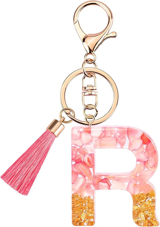 Suweibuke Cute Pink Key Chains for Women Girls, Initial Letter Keychains with Tassel, Charms for Key Purse Handbags Backpacks