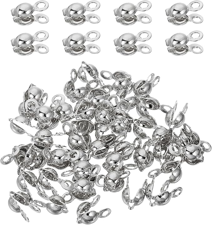 uxcell 180 Pcs 3.2mm Crimp End Caps, Clamshell Cord End Cap Connector Clasp Bead Tips Knot Covers Calotte End Crimp for DIY Jewelry Making, White Gold