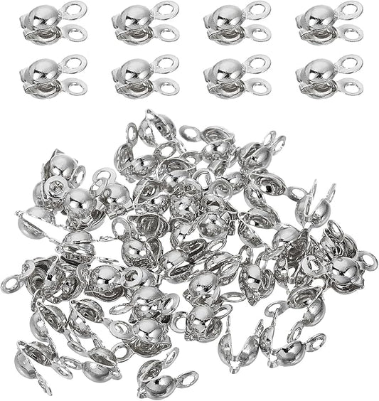 uxcell 180 Pcs 3.2mm Crimp End Caps, Clamshell Cord End Cap Connector Clasp Bead Tips Knot Covers Calotte End Crimp for DIY Jewelry Making, White Gold