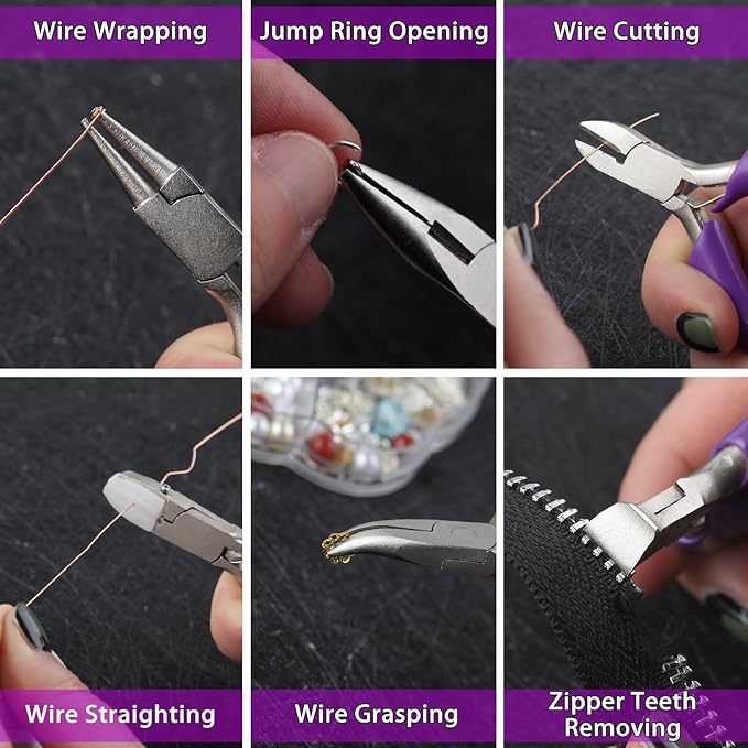 SPEEDWOX 6pc Mini Jewelry Pliers Set - Double Nose (Round, Long), Flat Jaw, End Cutting, Diagonal & Bent Nose Pliers, Jump Ring Opener