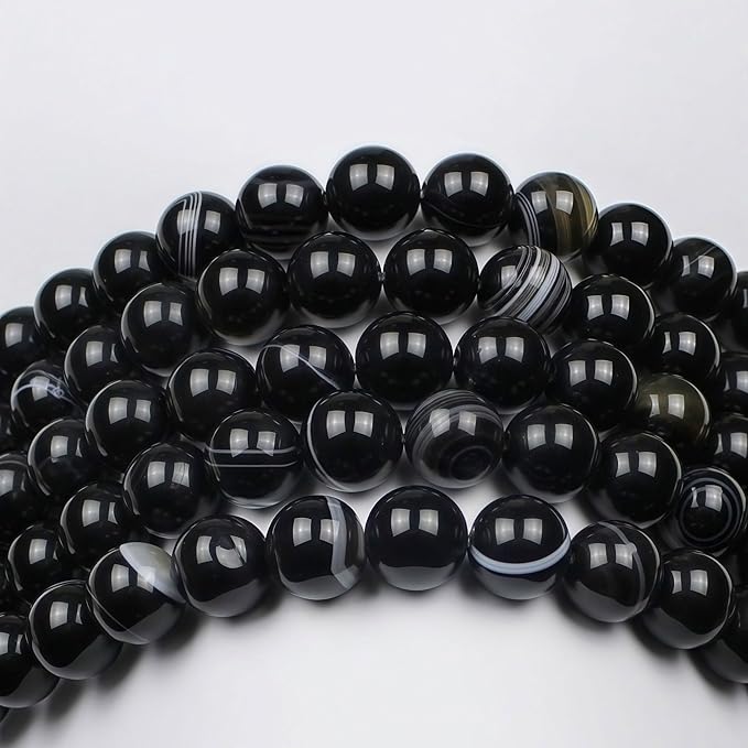 MJDCB Natural Black Striped Agate Round Loose Beads for Jewelry Making DIY Bracelet Necklace (10mm)
