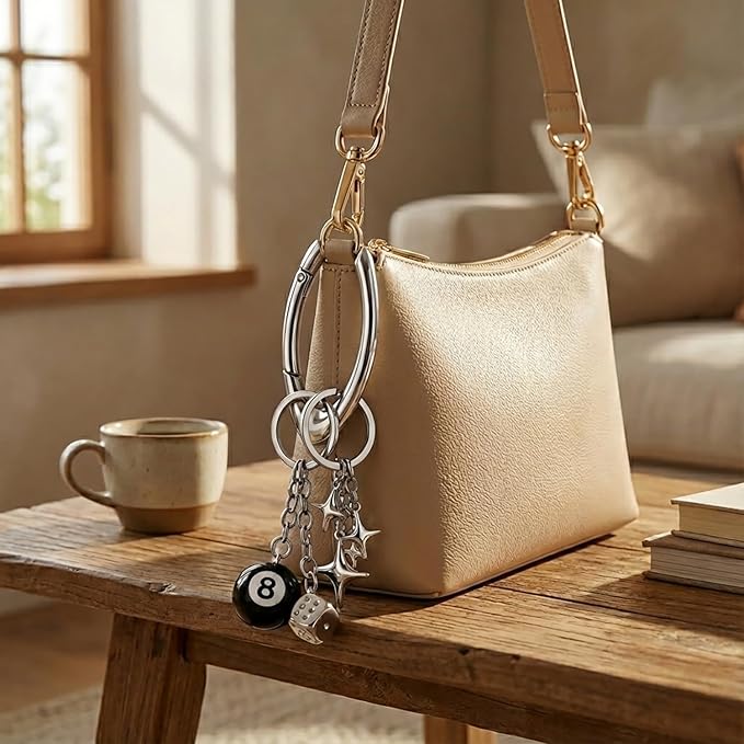 Large Star Carabiner Keychain 8 Ball Dice Charm Keychain Y2K Aesthetic Key Ring Cool Extra-Large Shiny Chrome