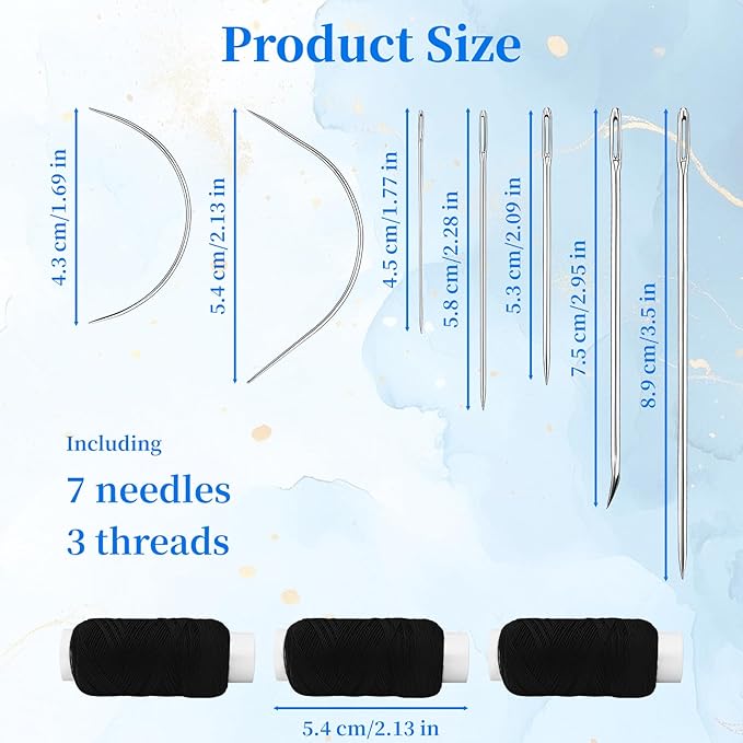 Needle and Thread Set, Hair Weave Extension Needle, 3PCS Wax Thread Black with 1Set Wig Sewing Needl, Threads for Making Wig Hand Sewing Hair Weave Extension, C J Shape Curved Needle ﻿