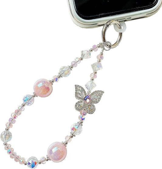 Crystal Butterfly Phone Charm, Pink Pearl Beaded Lanyard, Bling Shiny Wrist Strap Keychain for Purse Bags Car keys Earphones