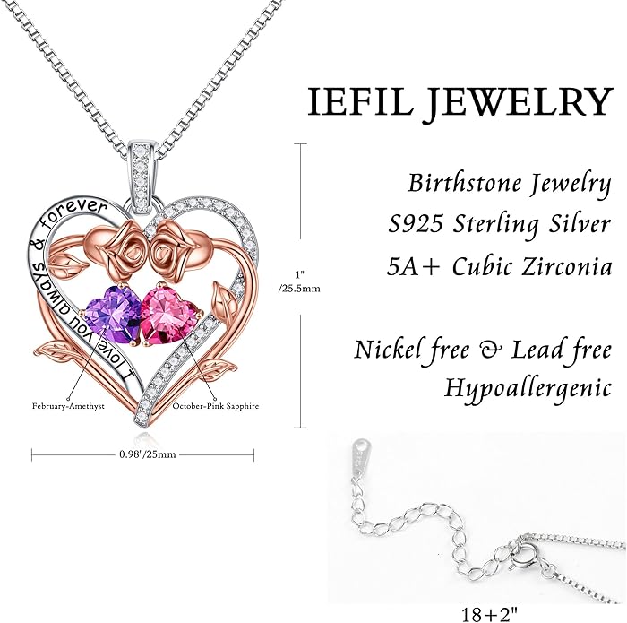Iefil Valentines Gifts for Her Wife Women - Rose Heart Double Birthstone Necklace Gift for Wife Girlfriend Her Women, Birthstone Jewelry Gemstone Birthday Gifts for Mom Grandma Her