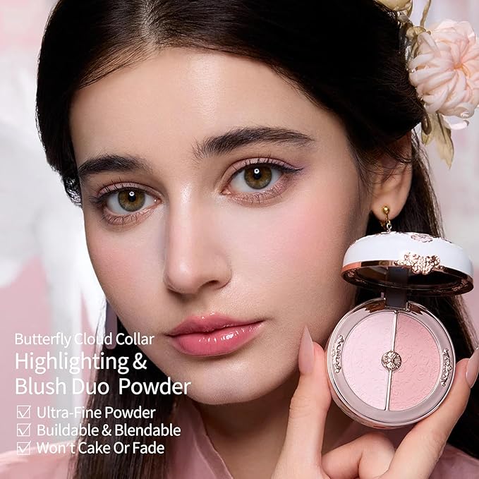 Flower Knows Butterfly Cloud Collar Rouge Box Highlighting & Blush Duo Powder,Peach+Pink Two Tone Matte Blush for Cheeks Bulidable & Blendable Palette for Women & Girls,0.21 Oz(01 Rouge Snow)