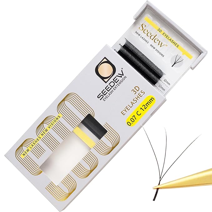 SEEDEW 3D Lash Extensions, 0.07mm C Curl 12mm 12 Rows/Tray, W Shape Flat Stem, Korean PBT Soft Natural False Eyelashes Grafting for Beginner Artist, Lash Tech, Beauty Salon(3D-Matte Black-0.07-C-12mm)