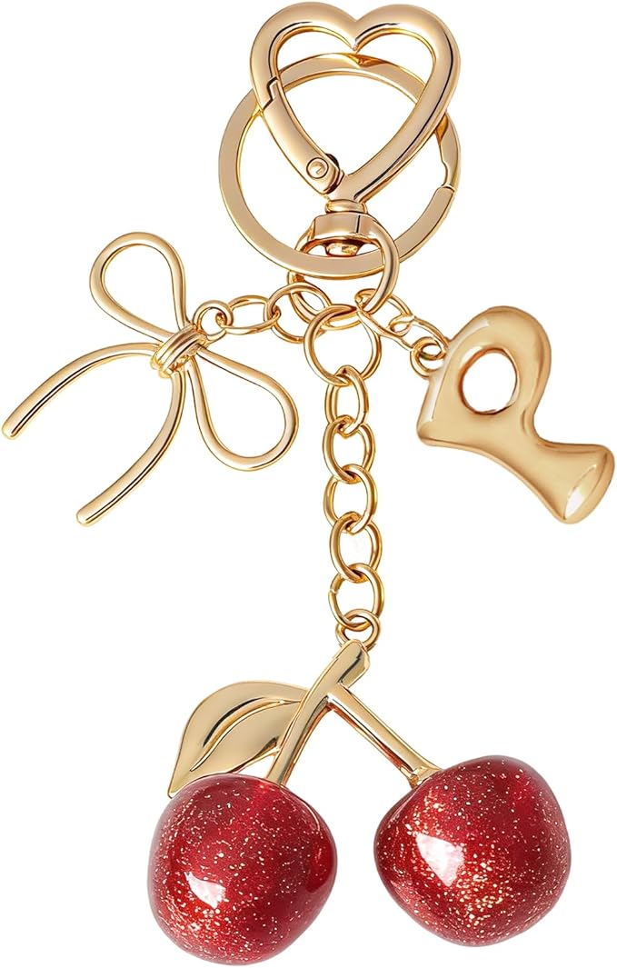 Snycler Bubble Initial Keychain with Cherry & Bow - Gold Letter Bag Charms for Women, Cute Purse Handbag Accessories