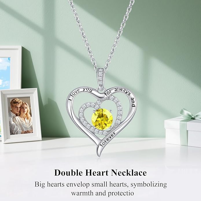 S925 Sterling Silver Necklace for Women, Valentines Day Gifts for Her, Love Heart Birthstone Necklaces for Women, Wife Jewelry, Mom Birthday Valentines Mothers Day Gifts, Girlfriend Necklaces, Daughter Heart Jewel, Anniversary for Her