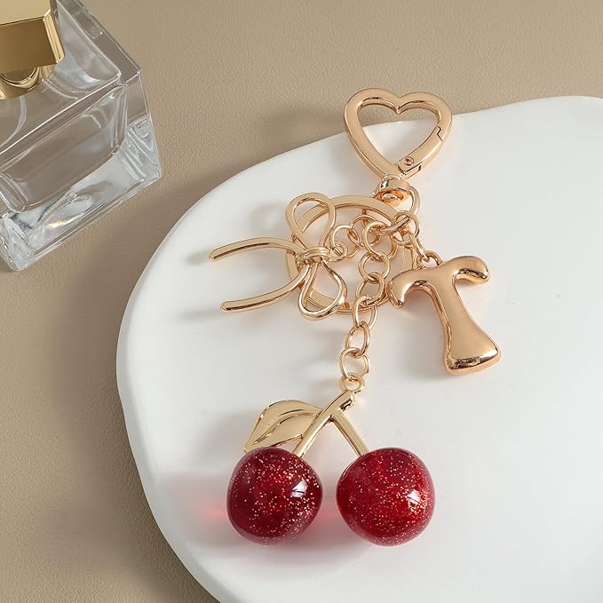 Snycler Bubble Initial Keychain with Cherry & Bow - Gold Letter Bag Charms for Women, Cute Purse Handbag Accessories