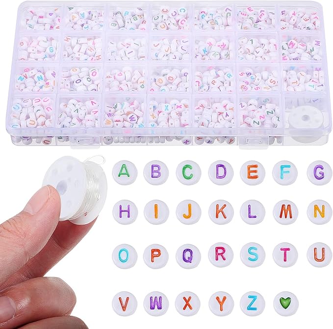 1 Box Compartment Alphabet Beads for Bracelets Making with Loose Letter Beads and Crystal Elastic String DIY Jewelry Kit for Necklaces Keychains and