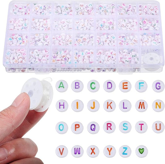 1 Box Compartment Alphabet Beads for Bracelets Making with Loose Letter Beads and Crystal Elastic String DIY Jewelry Kit for Necklaces Keychains and